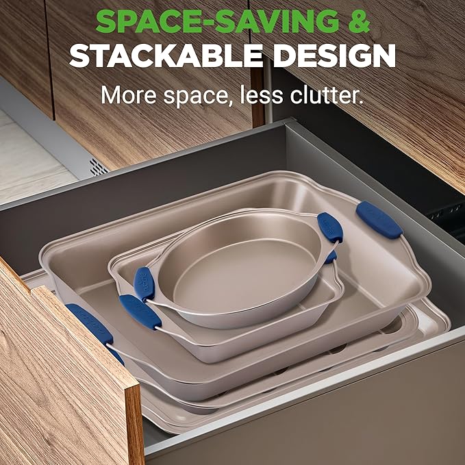 NutriChef 6-Piece Nonstick Bakeware Set - Premium Carbon Steel Baking Trays w/Heat-Safe Silicone Handles - Includes Loaf Pan, Muffin/Cupcake Pan, Round & Square Roaster Pans, Cookie Sheet - NCSBSG36