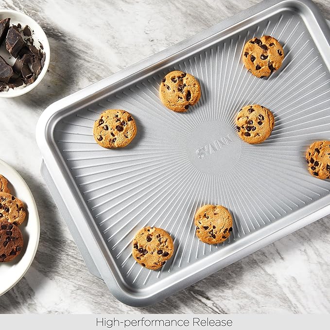 SYAINN Non-stick Ceramic Baking Sheet Set, 3 Pieces- Aluminum Steel Cookie Sheets for Baking-Includes Half/Quarter/Jelly Roll Pans-Warp Resistant, Toxic, PTFE & PFOA Free-Red