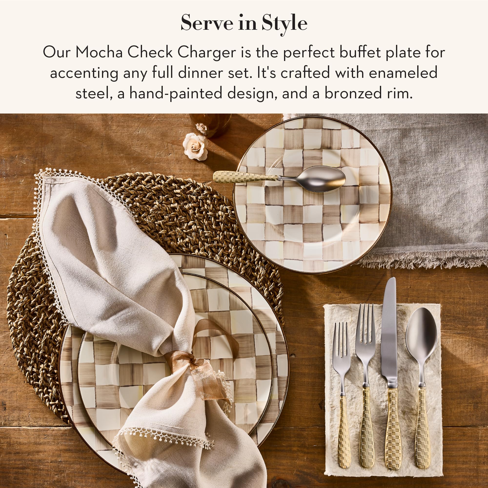 MACKENZIE-CHILDS Enamel Charger Plate, Brown-and-White Mocha Check