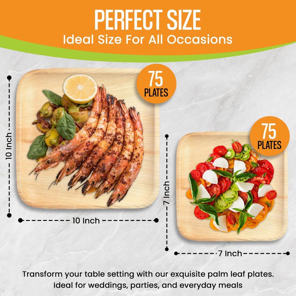 Raj Palm Leaf 10" & 7" Square Plates, 150 Count (3 cases) Bulk Pack