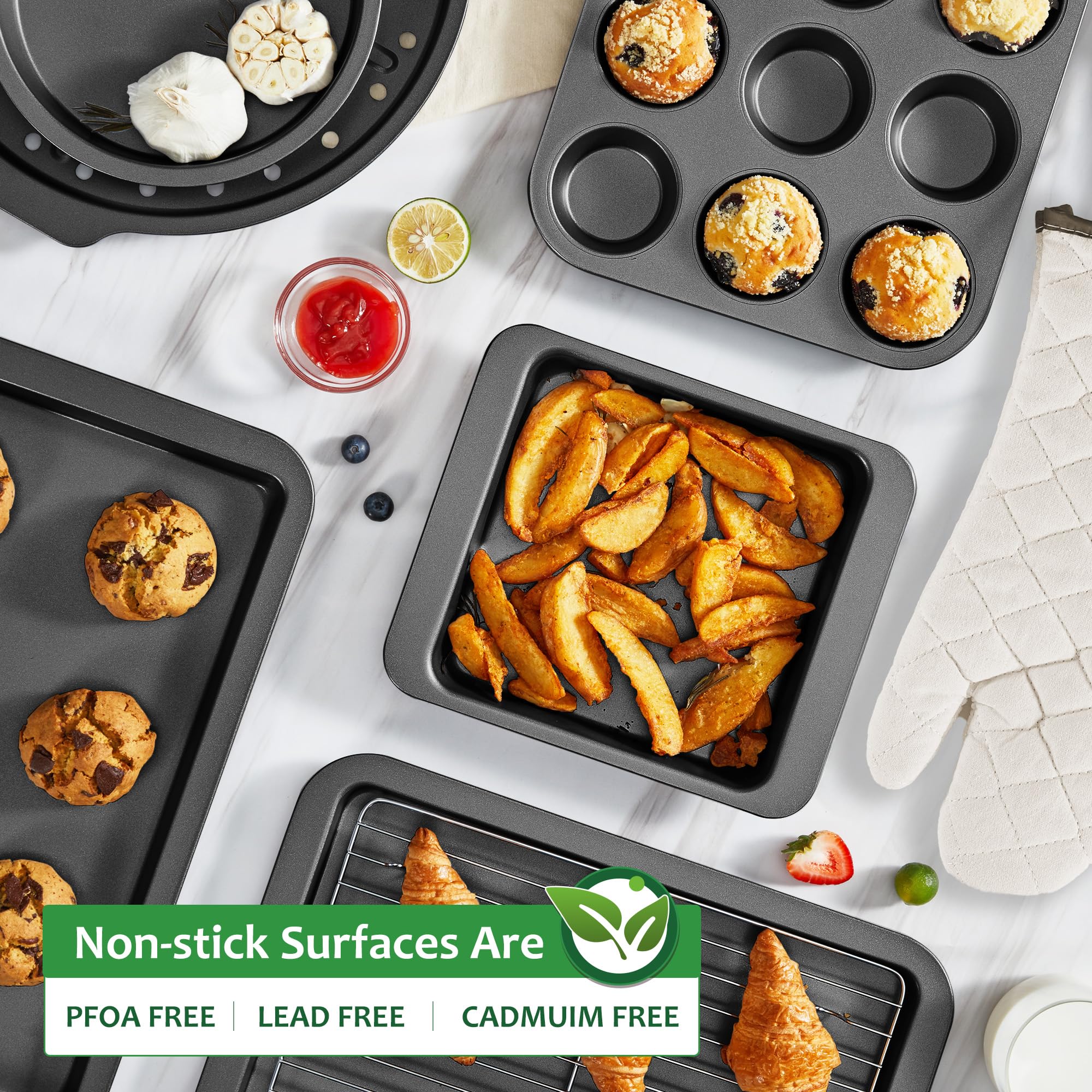 HONGBAKE Bakeware Sets, Baking Pans Set with Kitchen Oven Mitts, Nonstick Oven Pan for Kitchen with Wider Grips, 12-Piece Including Rack, Cookie Sheet, Cake Pans, Loaf Pan, Muffin Pizza Pan