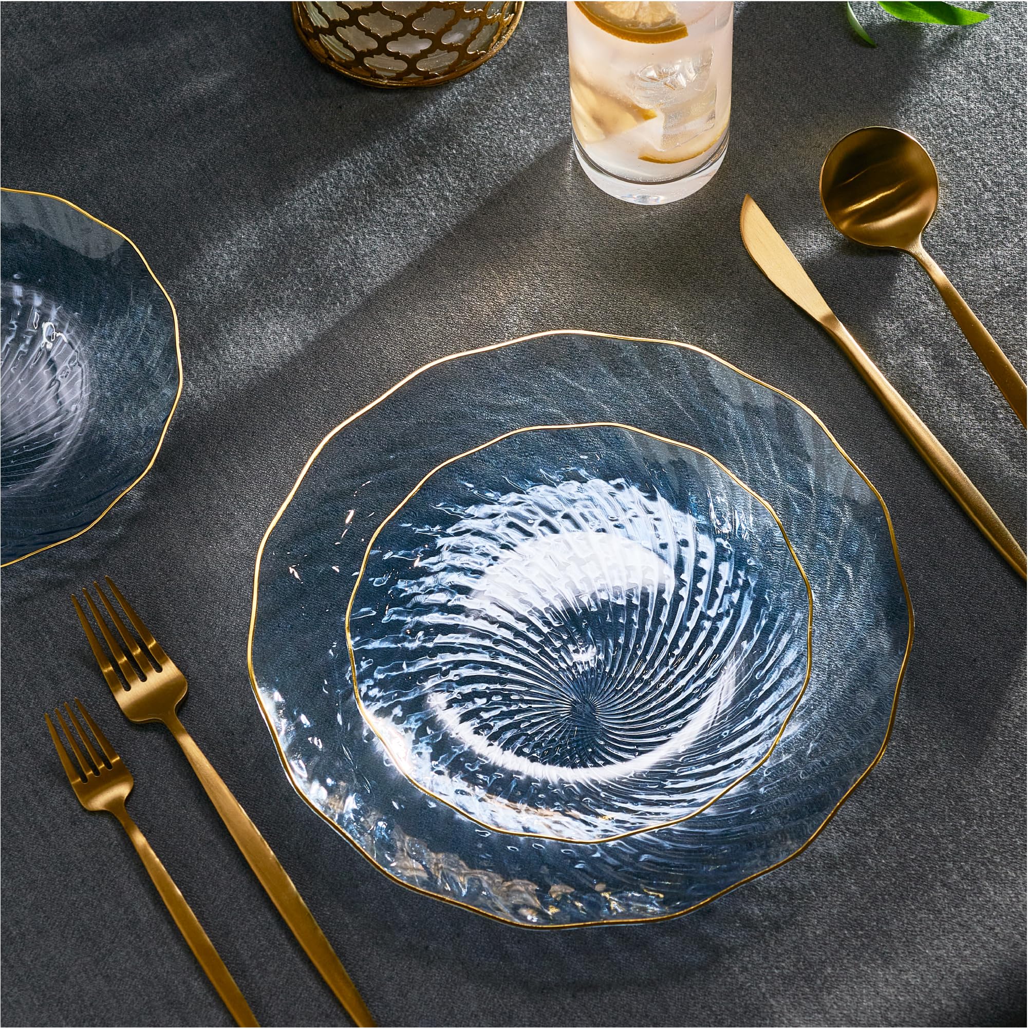 PLASTICPRO 60 Pack Plastic Plates Set of 30-10 inch Plates and 30-7 inch Plate, Elegant Clear Blue Spiral and Gold Rim Disposable Fancy Plate Premium Heavyweight