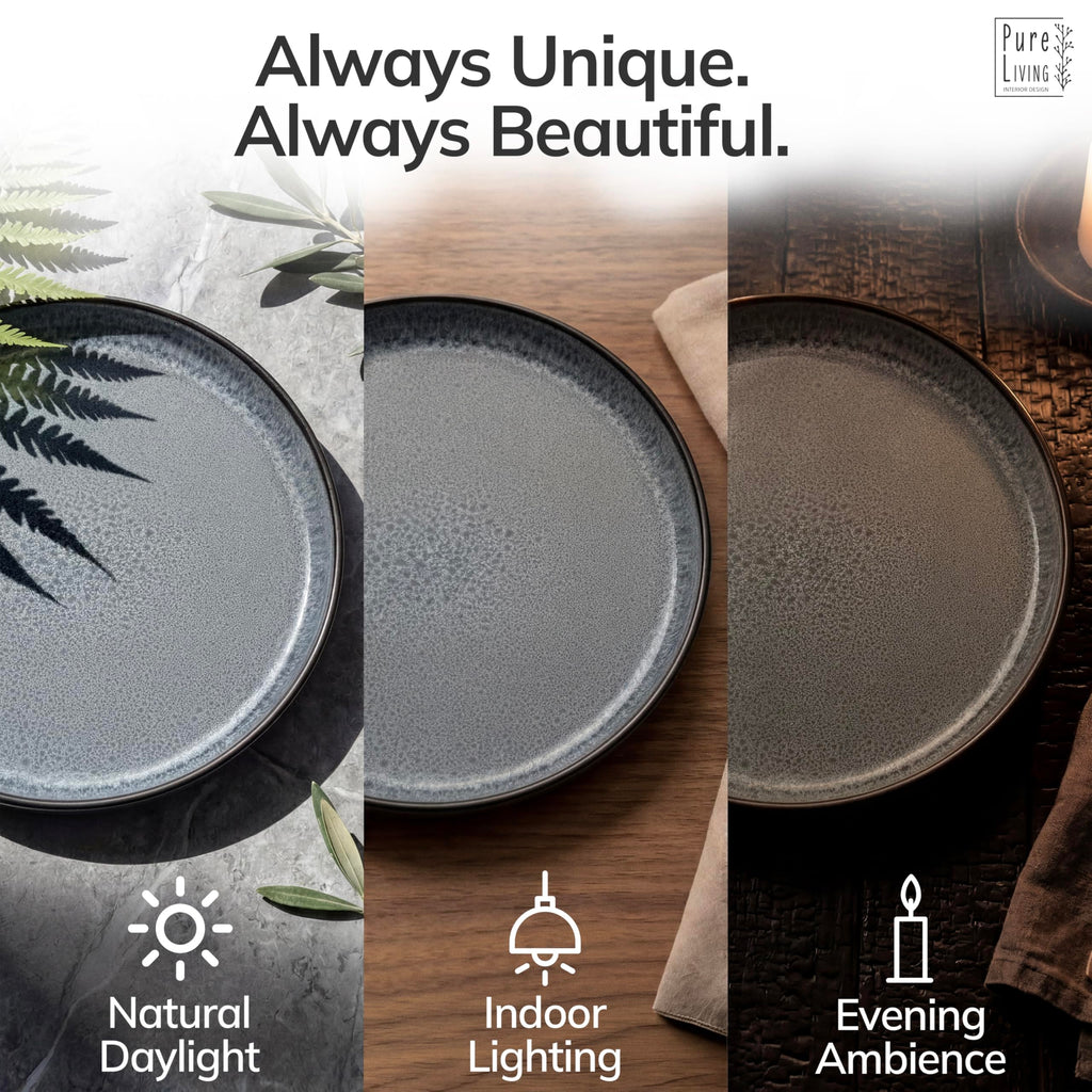 32 Piece Stoneware Dinnerware Set for 8 - Handmade Reactive Glaze Plates and Bowls Set - Chip & Scratch Resistant Dish Set - Dishwasher Microwave Safe - Dark Gray