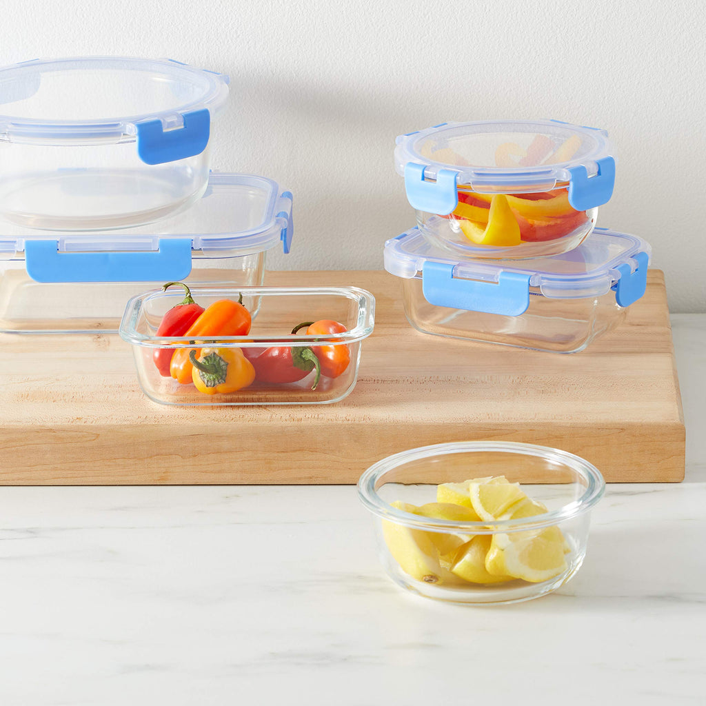 Glass Food Storage Containers, Leak Proof, Oven Safe, Easy to Clean, Stain Resistant, Set of 7, 14 Pieces Including Lids, BPA-Free, Clear with Blue Silicone Ring