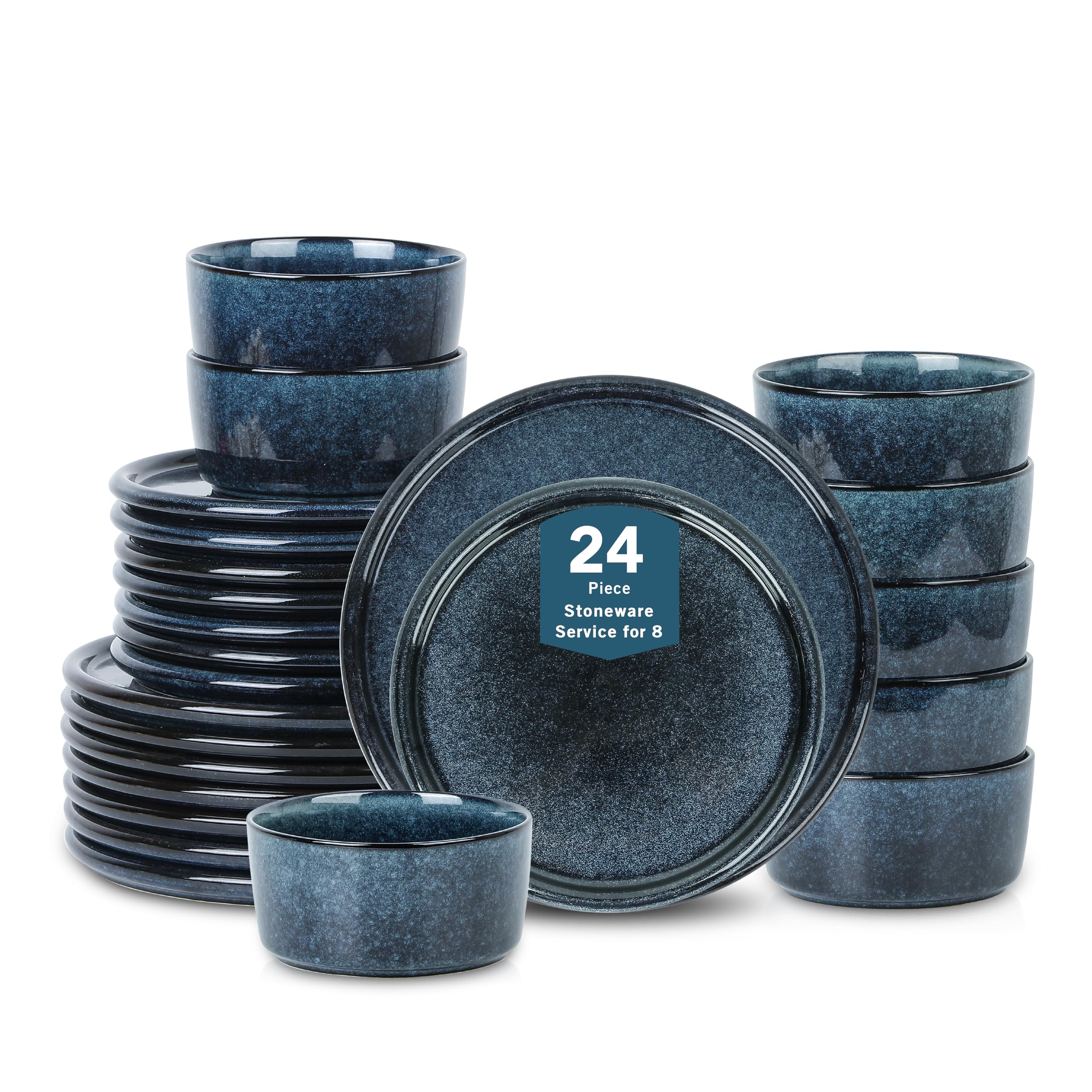 Stone Lain Eden 24-Piece Dinnerware Set Stoneware, Plates and Bowls Set, Dishwasher and Microwave Safe Dish, Dish Set for 8, Dark Blue