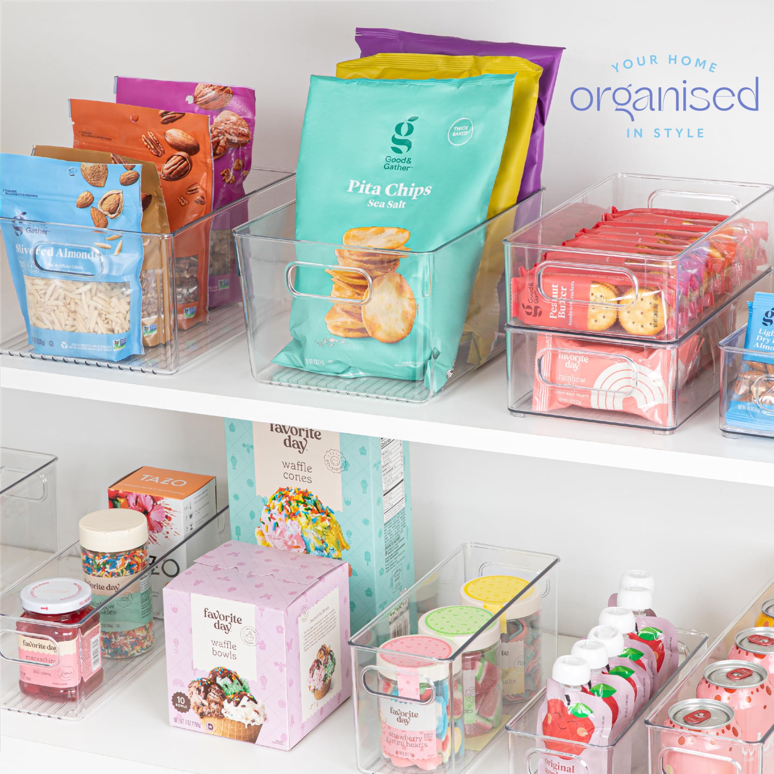 Plastic Food Storage 6 Pack Clear Container Bin with Handles for Organizing Kitchen, Pantry, Refrigerator, Freezer, Pantry, Cabinet, Closet, Bathroom. 10”x4”x5”