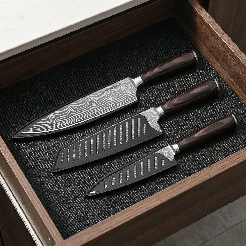 SANDEWILY Japanese Knife Set, 3 Piece Kitchen Knives with Sheaths