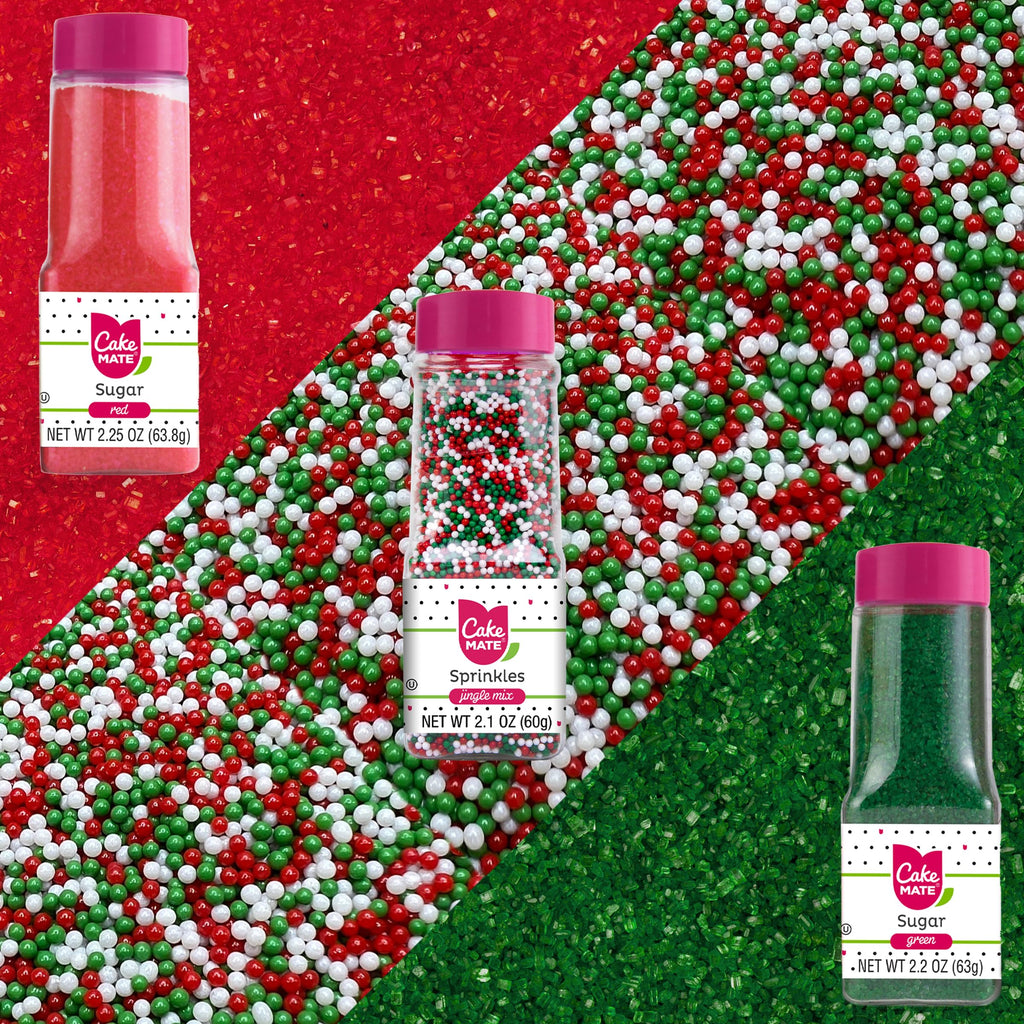 Cake Mate Christmas Cookie Decorating Kit – Red & Green Decorating Sugar (2.25 oz), White, Red & Green Cookie Icing Pouches (7 oz), Jingle Mix Non Pareil (2.1 oz) – Holiday, Cake, Cupcake & Dessert