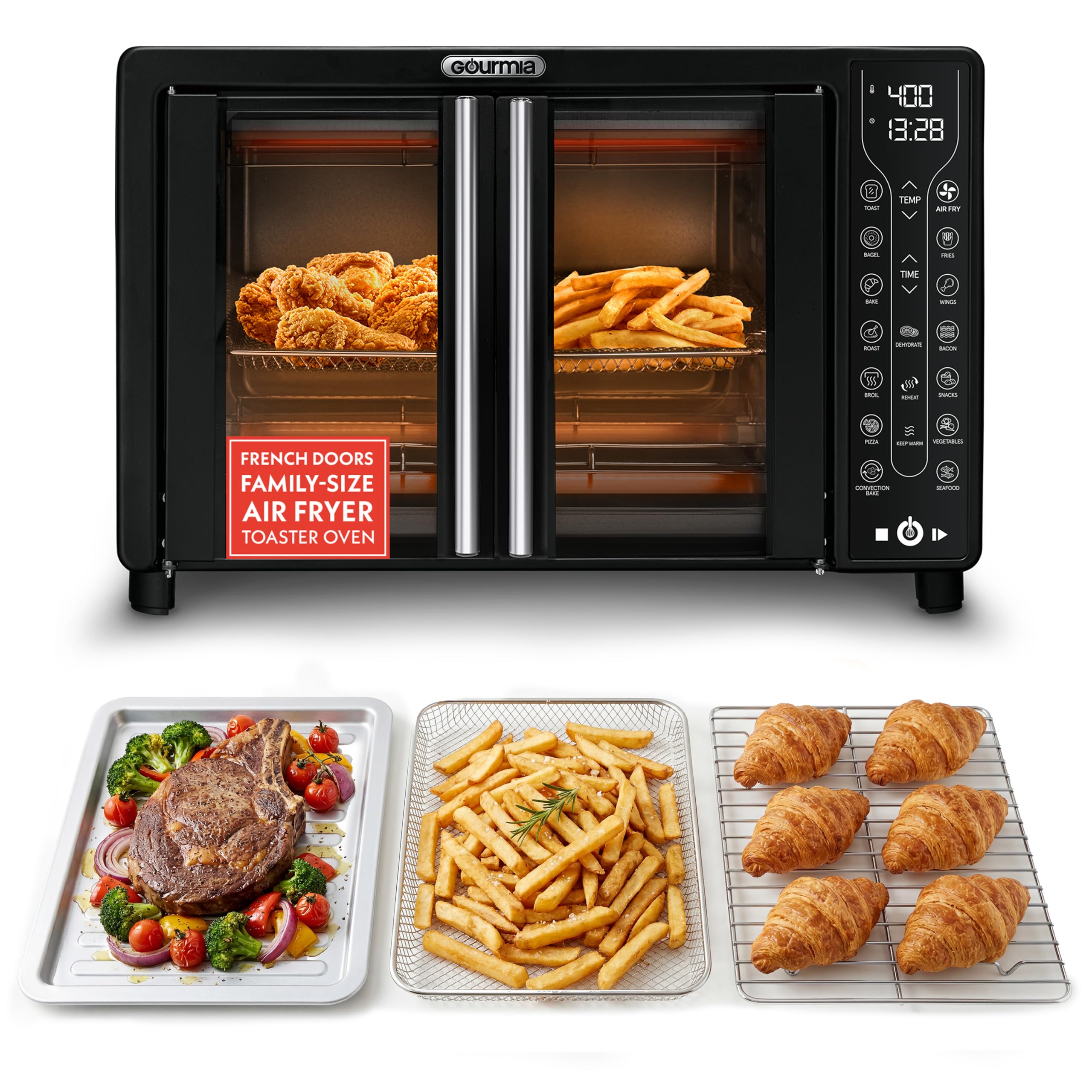 Gourmia French Door Air Fryer Toaster Oven – 6-Slice Capacity, FryForce 360°, Digital Display with 17 Cooking Presets, Black