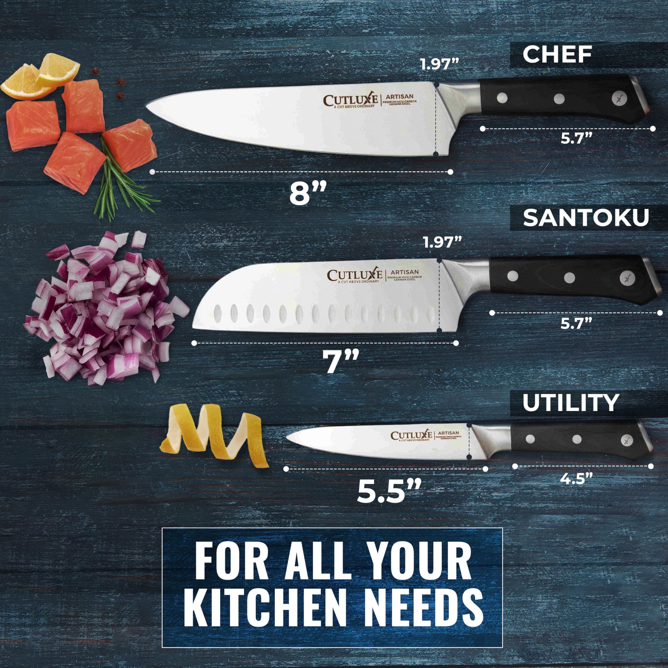 Cutluxe Chef Knife Set, 3-Piece Kitchen Knives – Razor Sharp German Steel