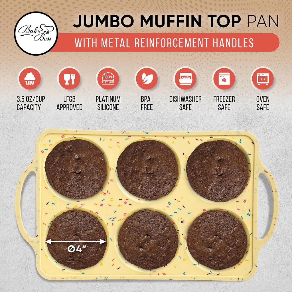BAKE BOSS Jumbo Top Silicone Muffin Pans for Baking, 4 Inch Silicone Jumbo Muffin Pan 6 Cup, Egg Pan for Baking English muffins, Whoopie Pies, Corn Bread Bites, Confetti Muffin Top Pans Non Stick