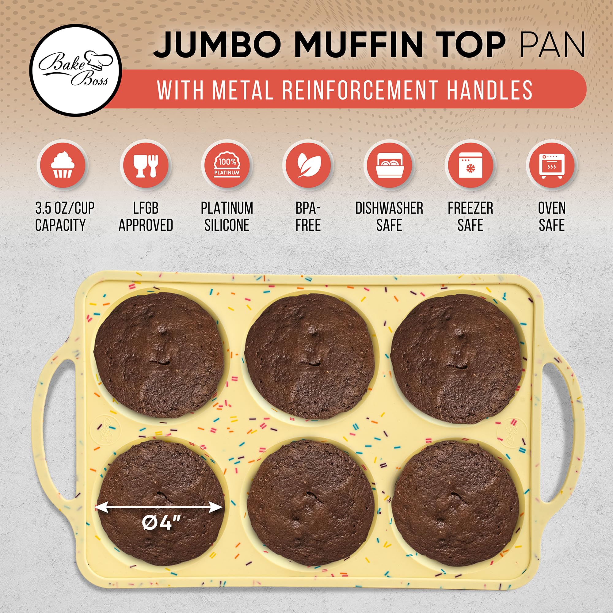 BAKE BOSS Jumbo Top Silicone Muffin Pans for Baking, 4 Inch Silicone Jumbo Muffin Pan 6 Cup, Egg Pan for Baking English muffins, Whoopie Pies, Corn Bread Bites, Confetti Muffin Top Pans Non Stick