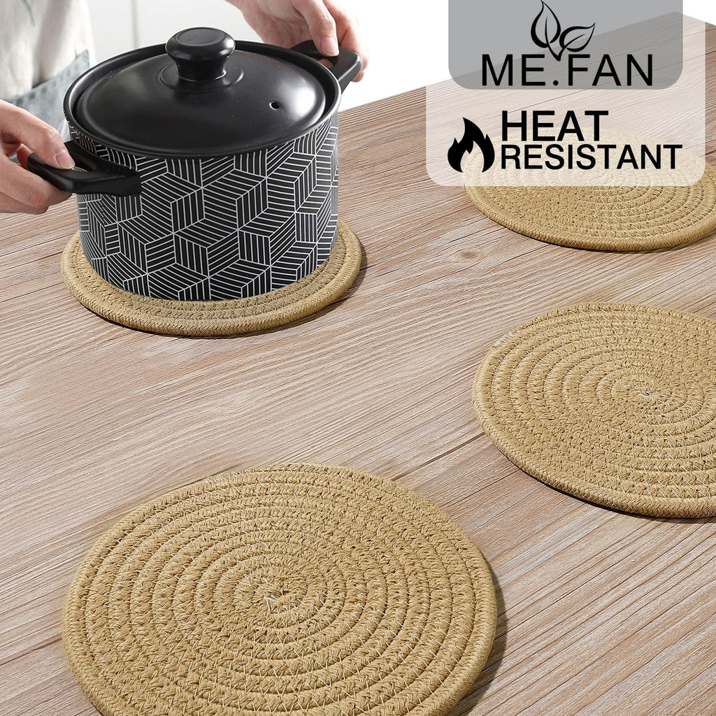 ME.FAN 7 Inch Trivets/Potholders 4 Set Cotton Thread Weave Trivets for Pots and Pans - Large Coasters/Hot Pads to Protect Desktop & Countertop - Brown