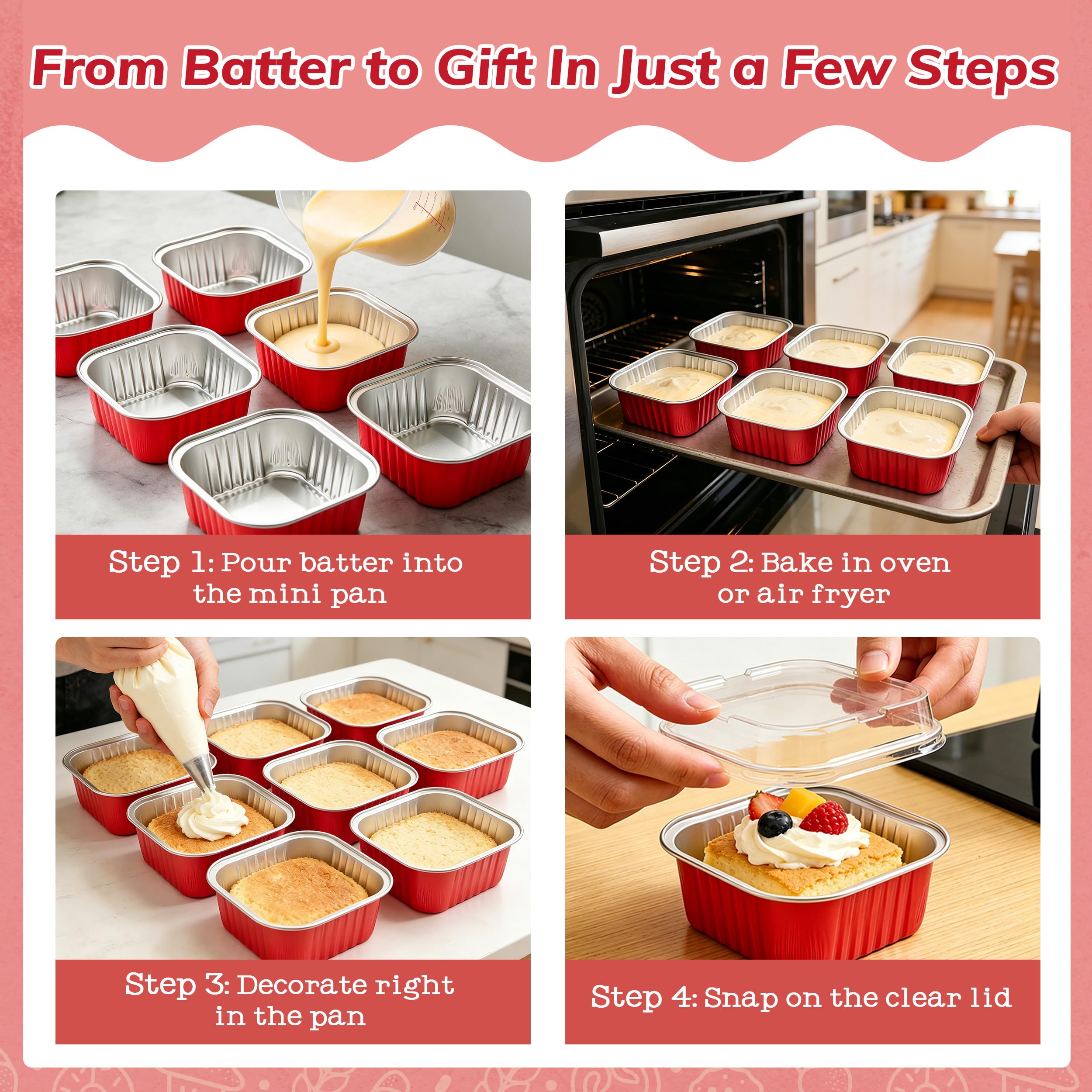 NPLUX Square Cake Pans with Lids, 50 Pack Red 10oz for Seasonal Baking