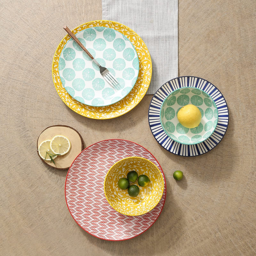 Selamica Ceramic Dinnerware Sets, 12-Pieces Plates and Bowls Sets, Scratch Resistant Dishes set for 4, Dishwasher & Microwave Safe, Assorted Colors