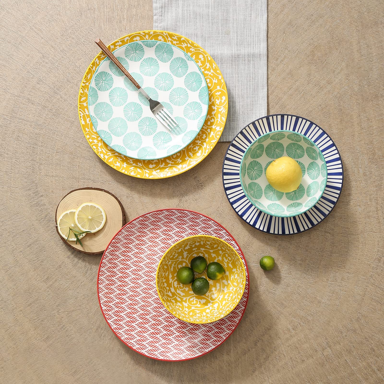 Selamica Ceramic Dinnerware Sets, 12-Pieces Plates and Bowls Sets, Scratch Resistant Dishes set for 4, Dishwasher & Microwave Safe, Assorted Colors