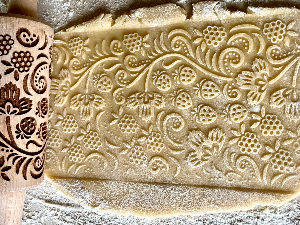 SEASONS 3 Mini Embossed Rolling Pin Set. Wooden Laser Cut Mini Rolling Pins for cookies or clay with spring flowers, tulips, daffodils, strawberries, raspberries, birch, trees by Algis Crafts