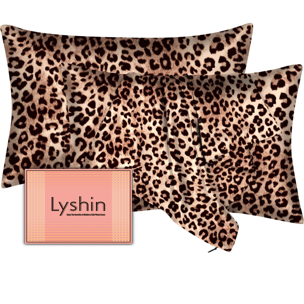 LYSHIN Silk Pillow Cases 2 Pack King Size with Zipper, Leopard