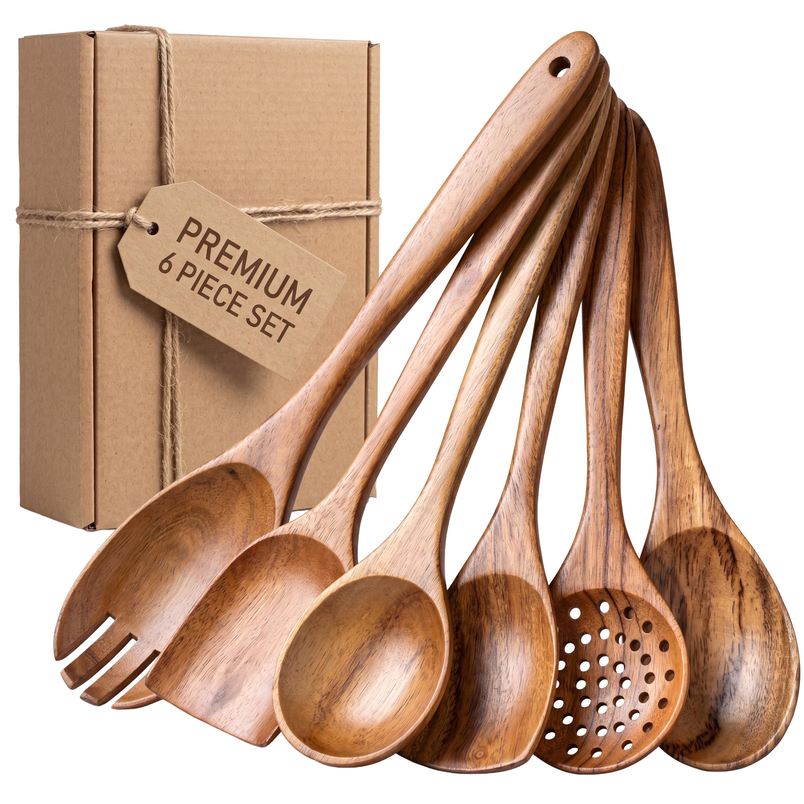 INTAJ Wooden Spoon Set for Cooking, 6-Piece Handmade Teak Kitchen Utensils
