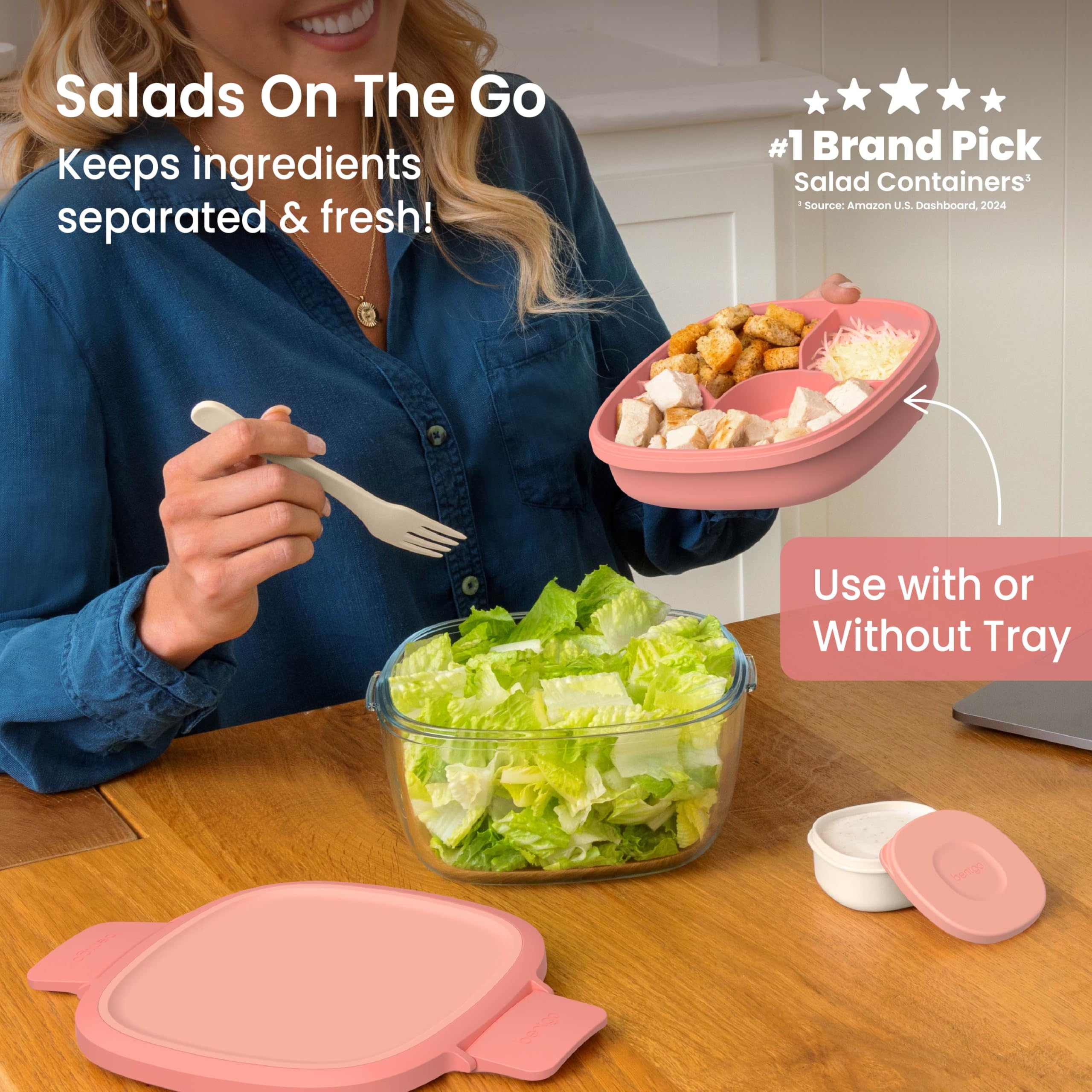 Bentgo Glass Salad Container with Airtight Lid & Leak-Proof Sauce Cup