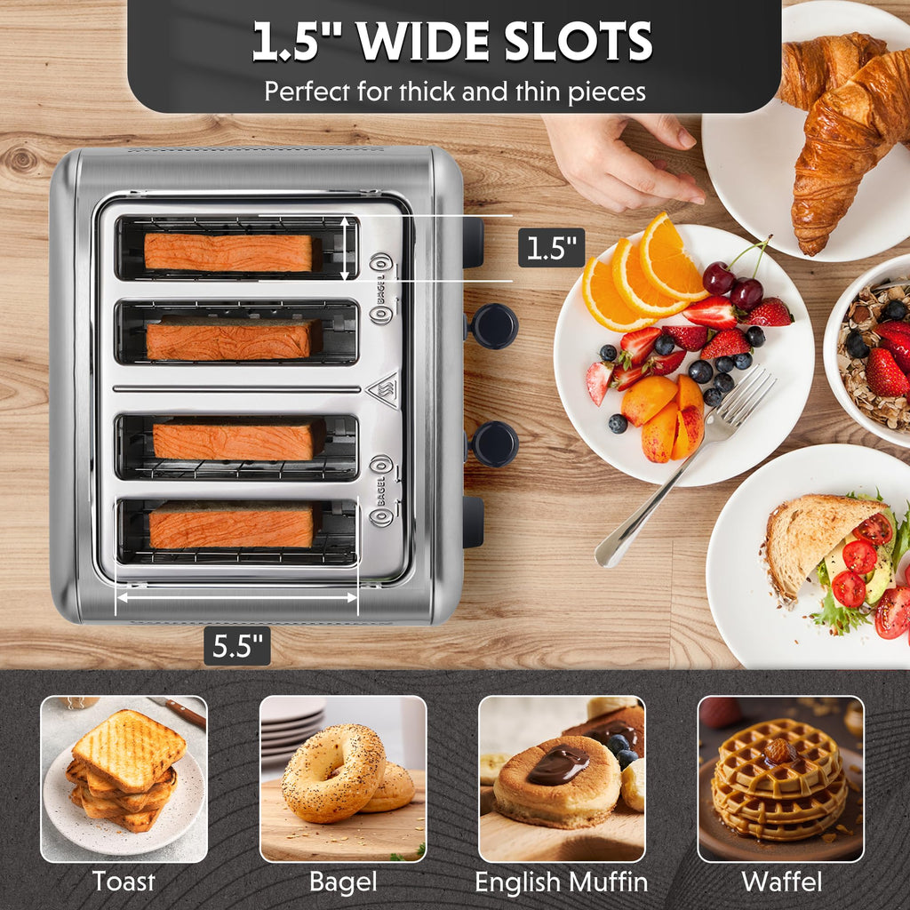 BUYDEEM DT640 4-Slice Toaster, 7 Shade Settings, Extra Wide 1.5’’ Slots for Bagel & English Muffin, 6 Toasting Functions, Retro Stainless Steel Toaster with High Lift Lever, 1800W, Retro Silver
