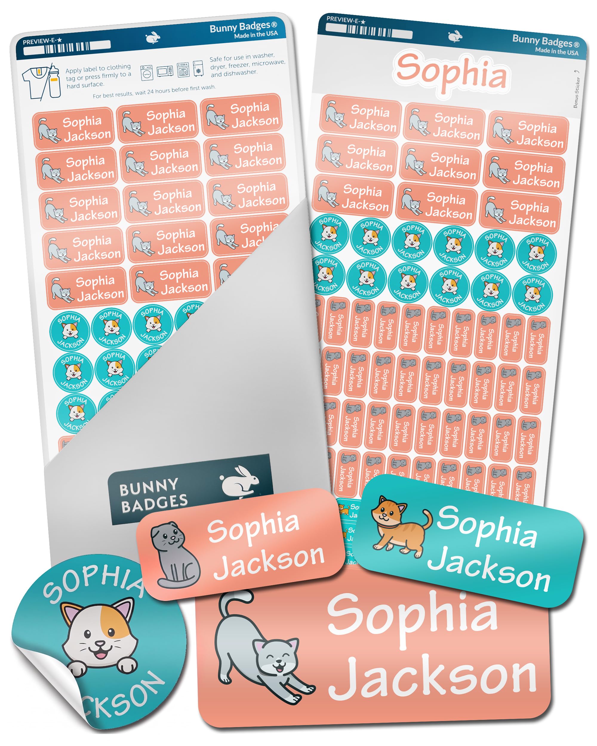 Bunny Badges Personalized Daycare Name Labels for Kids (130 Labels) - Custom Waterproof Name Stickers for Clothing Tags, Water Bottles, Lunch Boxes and School Supplies (Cats)