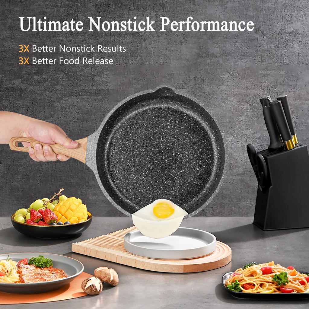 YIIFEEO Non Stick Frying Pan Set with Lids, Granite Skillet Set, Egg Omelette Pans for Cooking Pan Set, No Toxic Kitchen Cookware Set Compatible with All Stovetops (Gas & Induction), PFOA Free, Gift