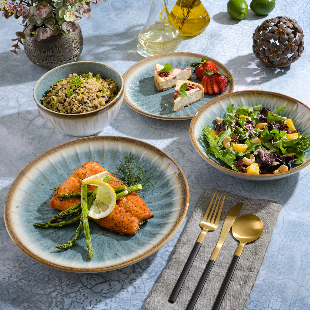 Gibson Elite Mayfair Bay 16-Piece Embossed Double Bowl Dinnerware Set, Service for 4 – Blue Stoneware Plates and Bowls