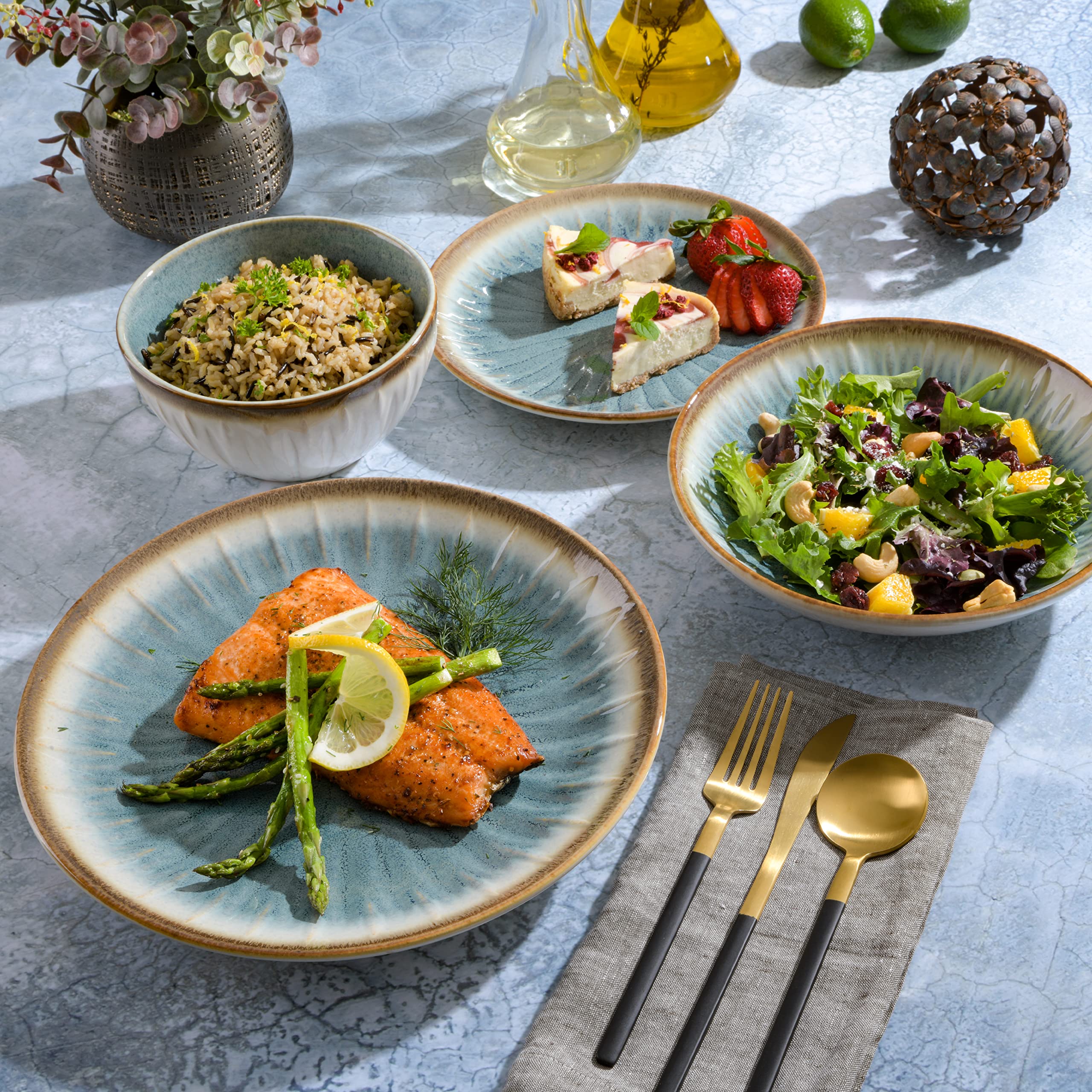 Gibson Elite Mayfair Bay 16-Piece Embossed Double Bowl Dinnerware Set, Service for 4 – Blue Stoneware Plates and Bowls