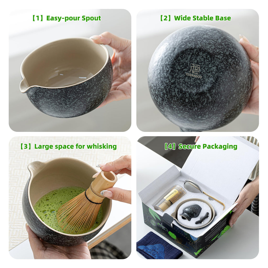 TEANAGOO Matcha Whisk Set Black,7 Pcs Matcha Set,Matcha Kit for Ceremony,Tradition Tea Set for Making Breakfast/Latte,Matcha Whisk Set with Bowl(Chawan)/Whisk and Holder,Gift for Family/Friend