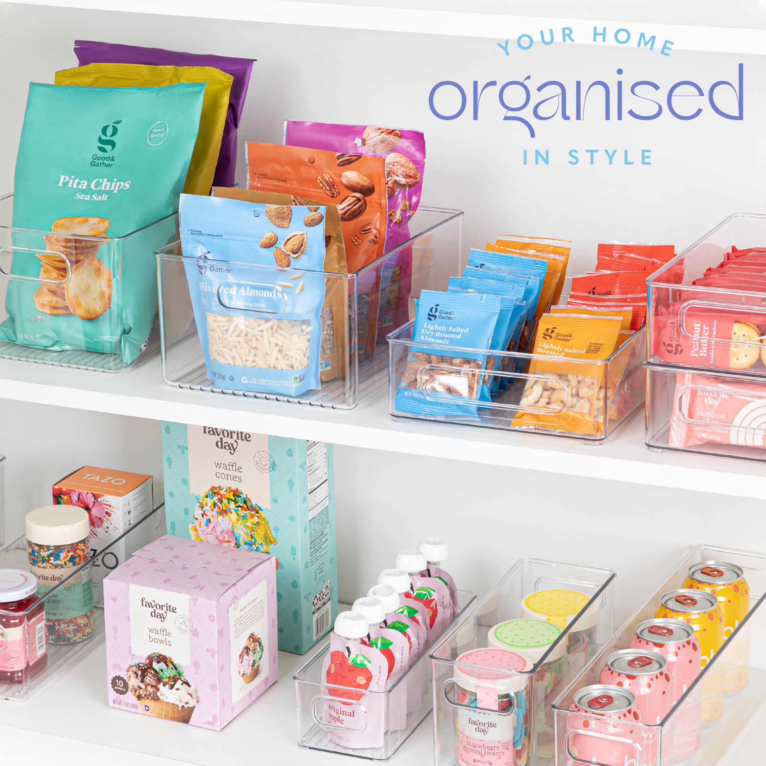 Plastic Food Storage 6 Pack Clear Container Bin with Handles for Organizing Kitchen, Pantry, Refrigerator, Freezer, Pantry, Cabinet, Closet, Bathroom. Stackable 10”x8”x3”