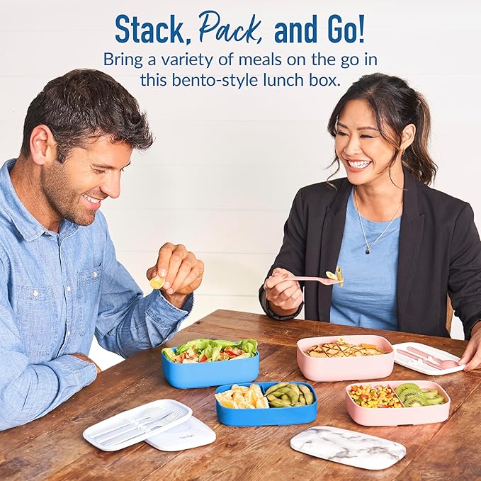 Bentgo Classic - Adult Bento Box, Stackable 3-Compartment Lunch Box with Removable Utensil Set and Sealing Strap, BPA-Free, Food Container Ideal for Meal Prep, Work, and On the Go (Blue)