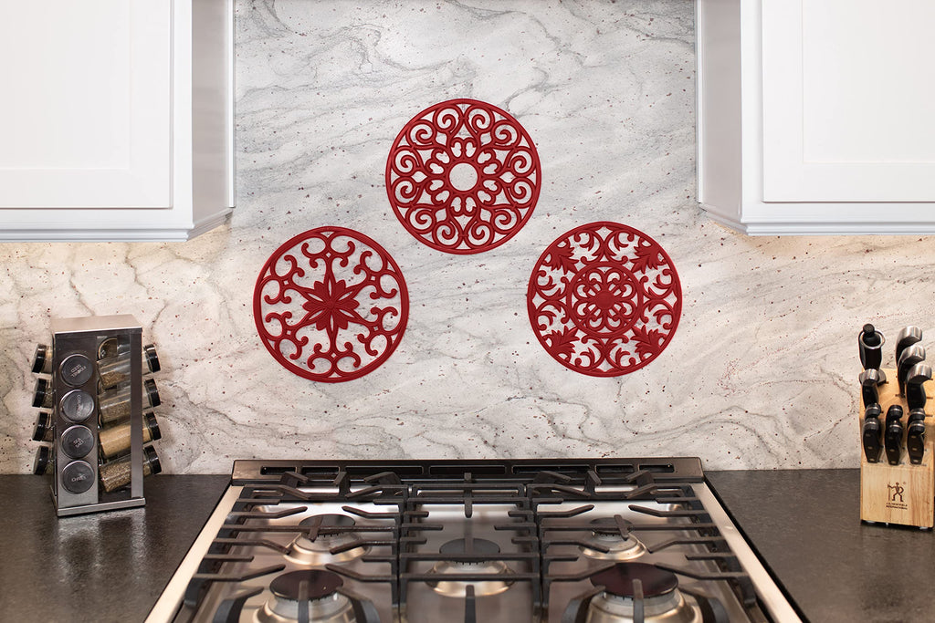 GASARÉ, Extra Large, Thick, 10" Silicone Trivets for Hot Dishes, Pots, and Pans, Hot Pads for Countertops, Flexible, Dishwasher Safe, 10 x ¼ Inches, Set of 3, Red