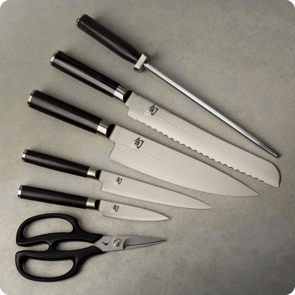 Shun Classic 7 Piece Essential Block Set, Includes 8" Chef, 3.5" Paring, 6" Utility, 9" Bread Knives & Herb Shears, Handcrafted Japanese Knife Block Set, Pakkawood Handles