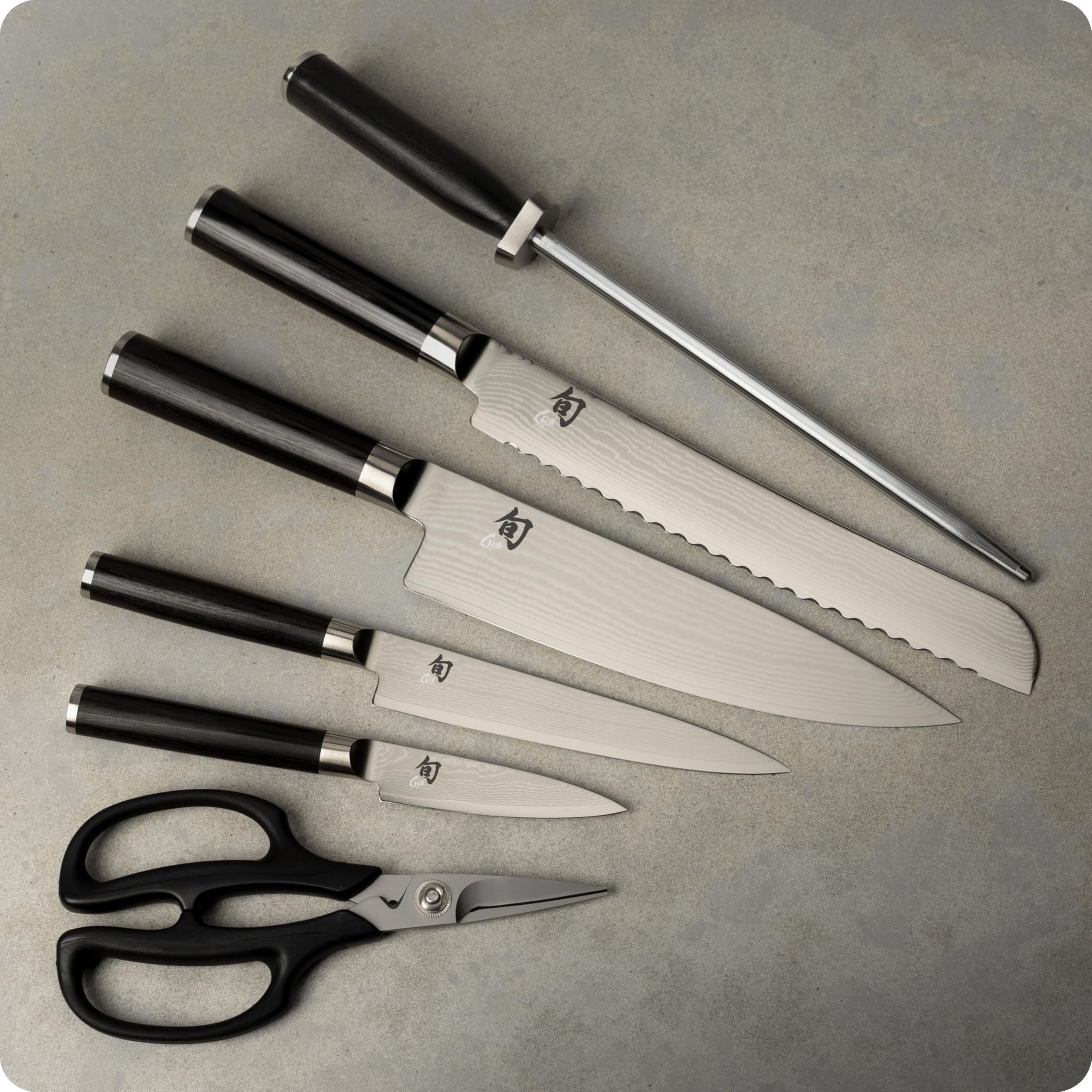 Shun Classic 7 Piece Essential Block Set, Includes 8" Chef, 3.5" Paring, 6" Utility, 9" Bread Knives & Herb Shears, Handcrafted Japanese Knife Block Set, Pakkawood Handles