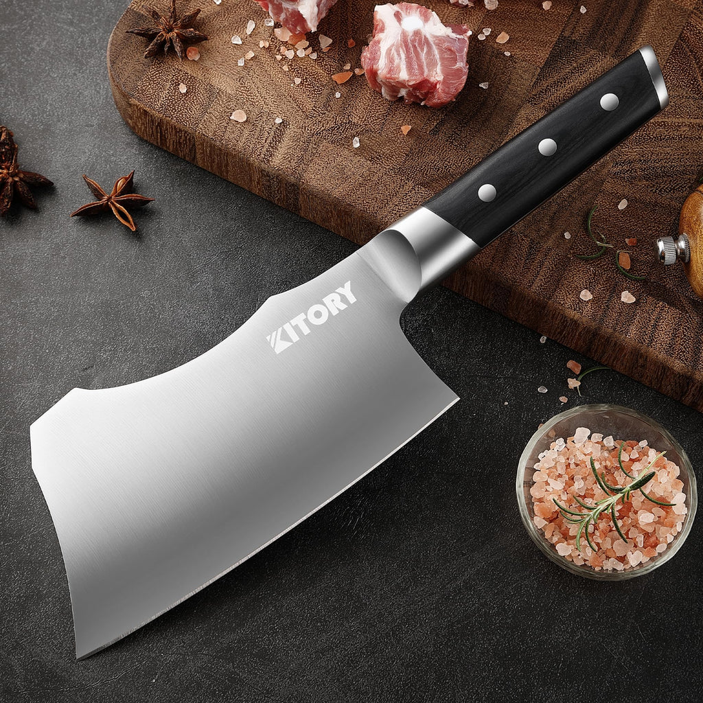 Kitory Meat Cleaver for bones and frozen meat - 7 inch German High Carbon Stainless Steel Kitchen Chopping Knife Blade, Ergonomic Wodden Handle with Enhanced Bolster - Gifts Box Included