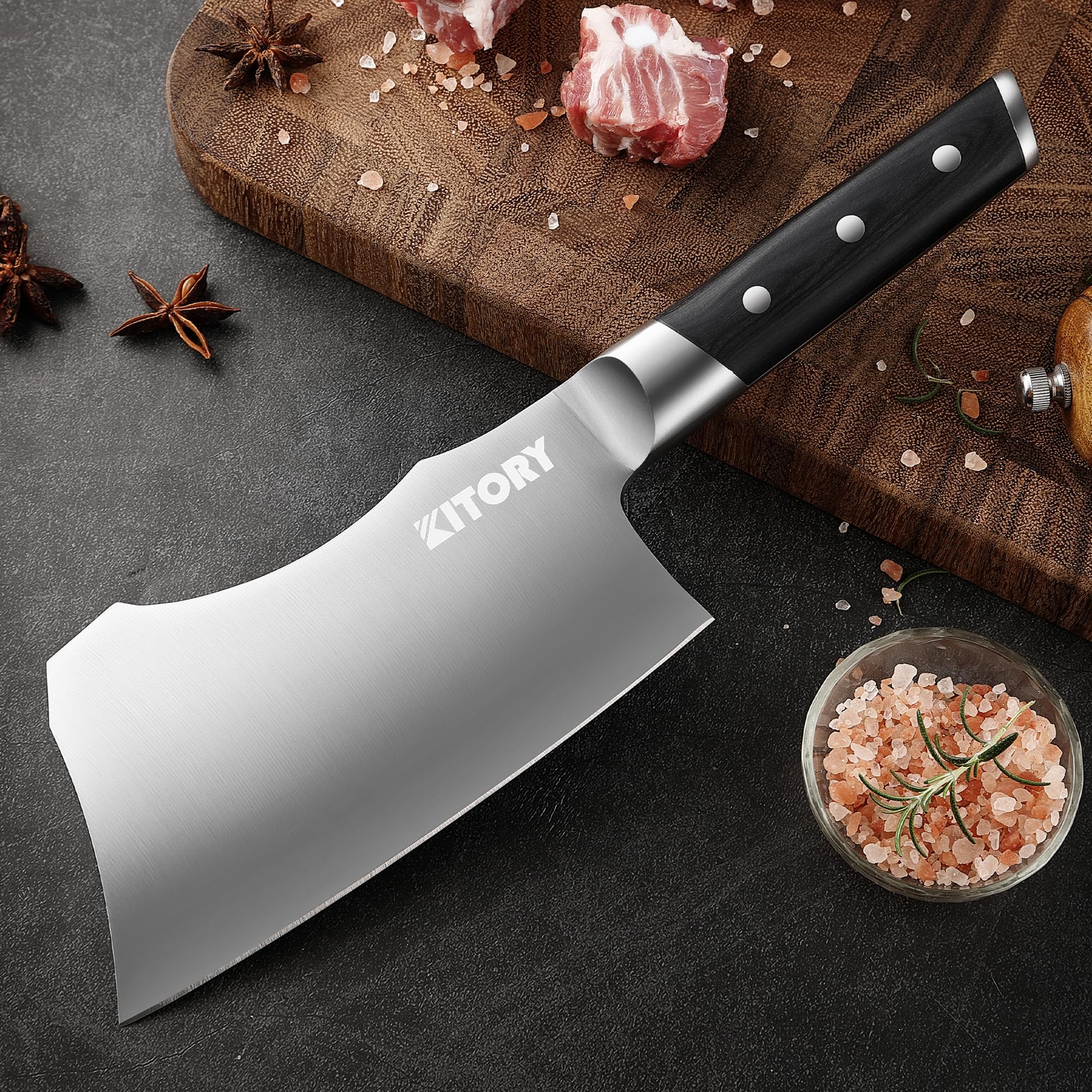 Kitory Meat Cleaver for bones and frozen meat - 7 inch German High Carbon Stainless Steel Kitchen Chopping Knife Blade, Ergonomic Wodden Handle with Enhanced Bolster - Gifts Box Included