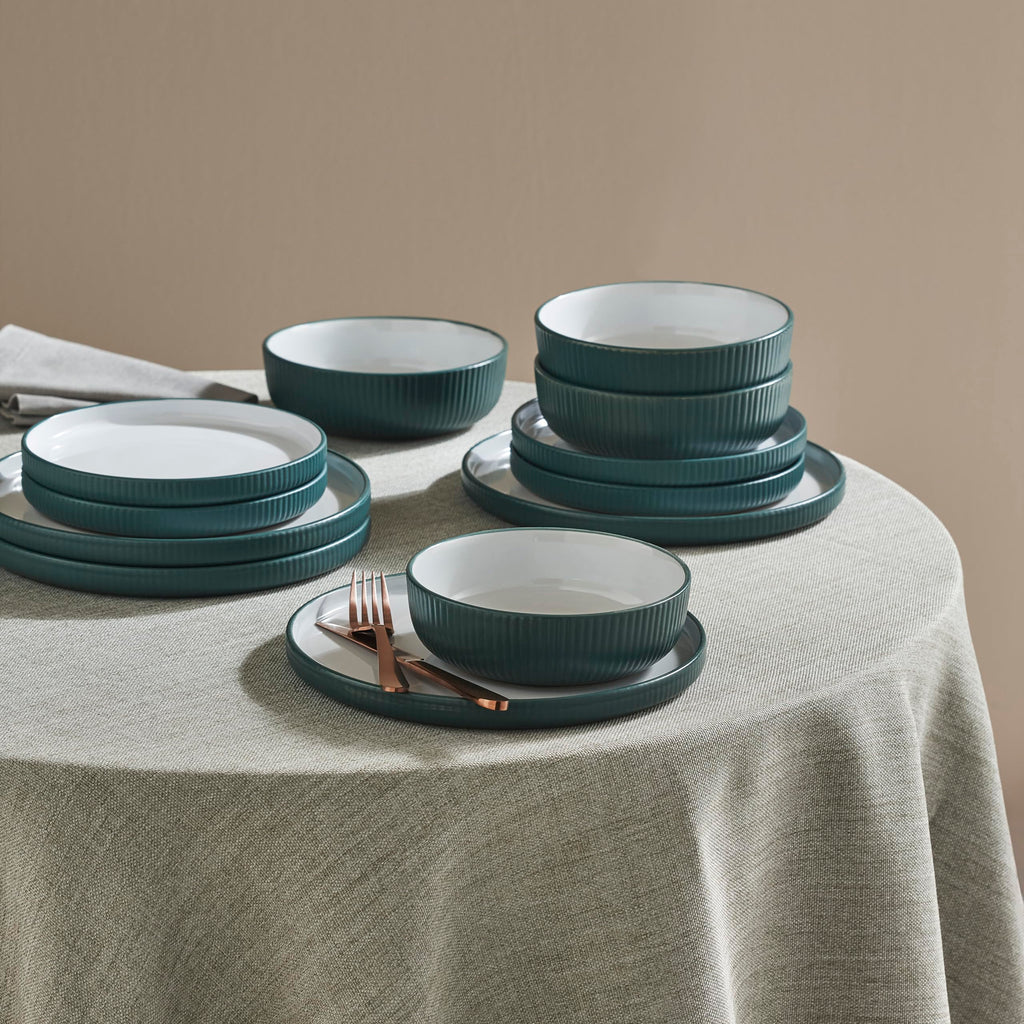 Christian Siriano Laro 12-Piece Stoneware Dinnerware Set, Plates and Bowls Set, Microwave and Dishwasher Safe, Dish Set for 4, Green