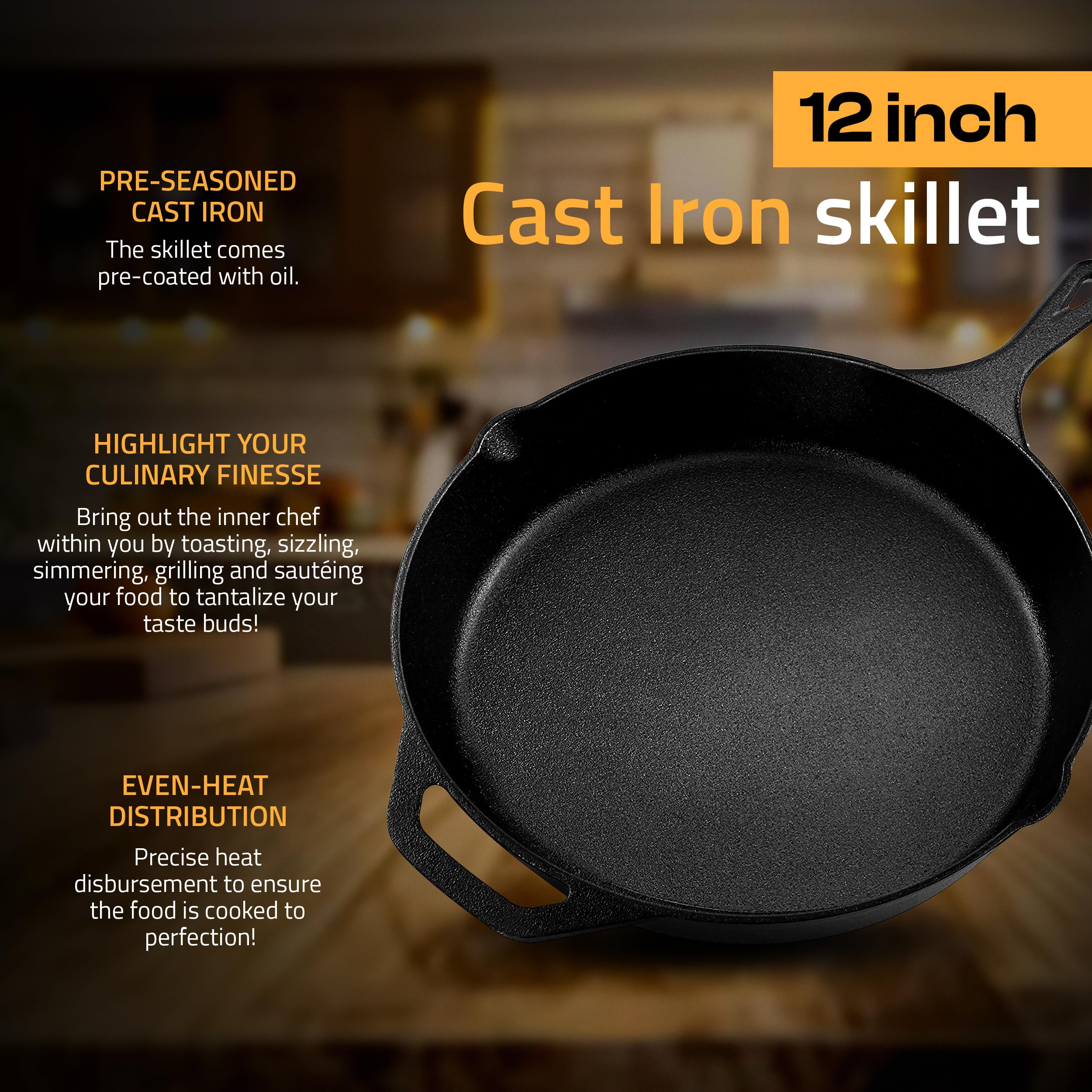 Utopia Kitchen Cast Iron Skillet 12 Inch Pre-Seasoned PFAS-Free Black