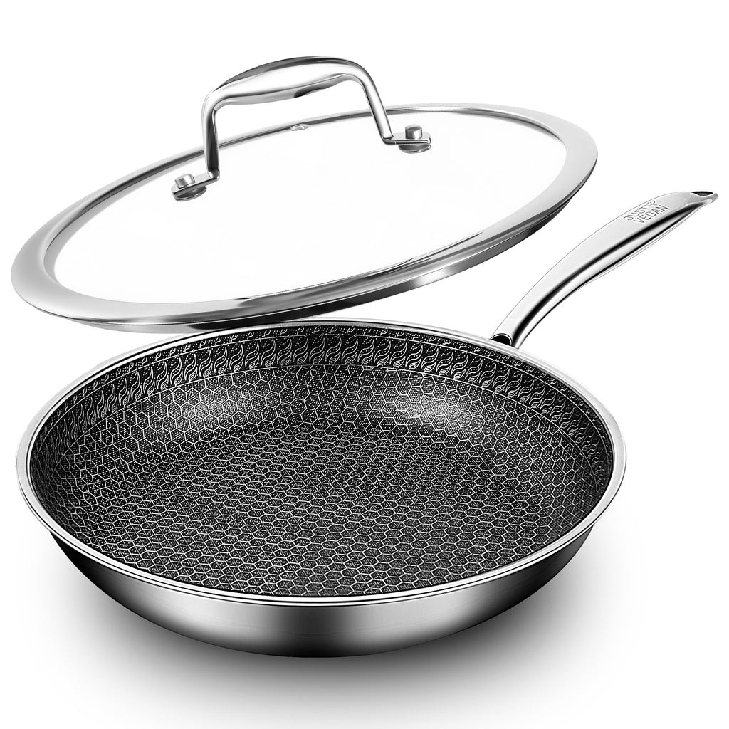 JUST VEGAN 10-inch/11-inch Stainless Steel Skillet with Lid, Nonstick Frying Pan - Induction Ready, Oven & Dishwasher Safe, PFOA/PTFE Free for Gas/Electric/Ceramic Cooktops (10 inch+Lid)