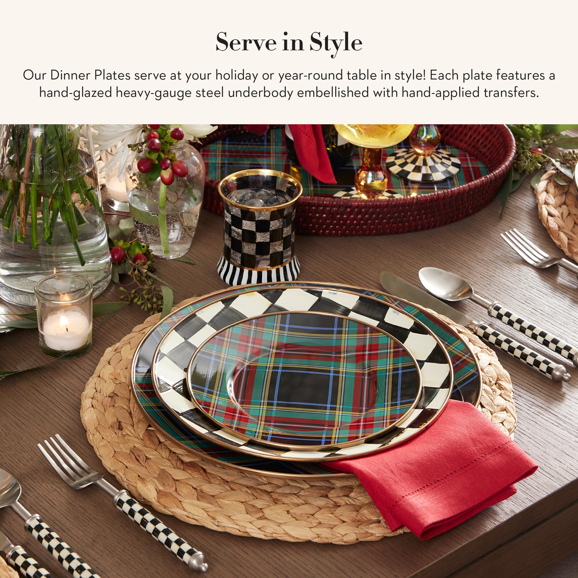MACKENZIE-CHILDS Enamel Dinner Plate, Decorative Dinnerware Plate, 10 Inches, Set of 1, Black Tartan