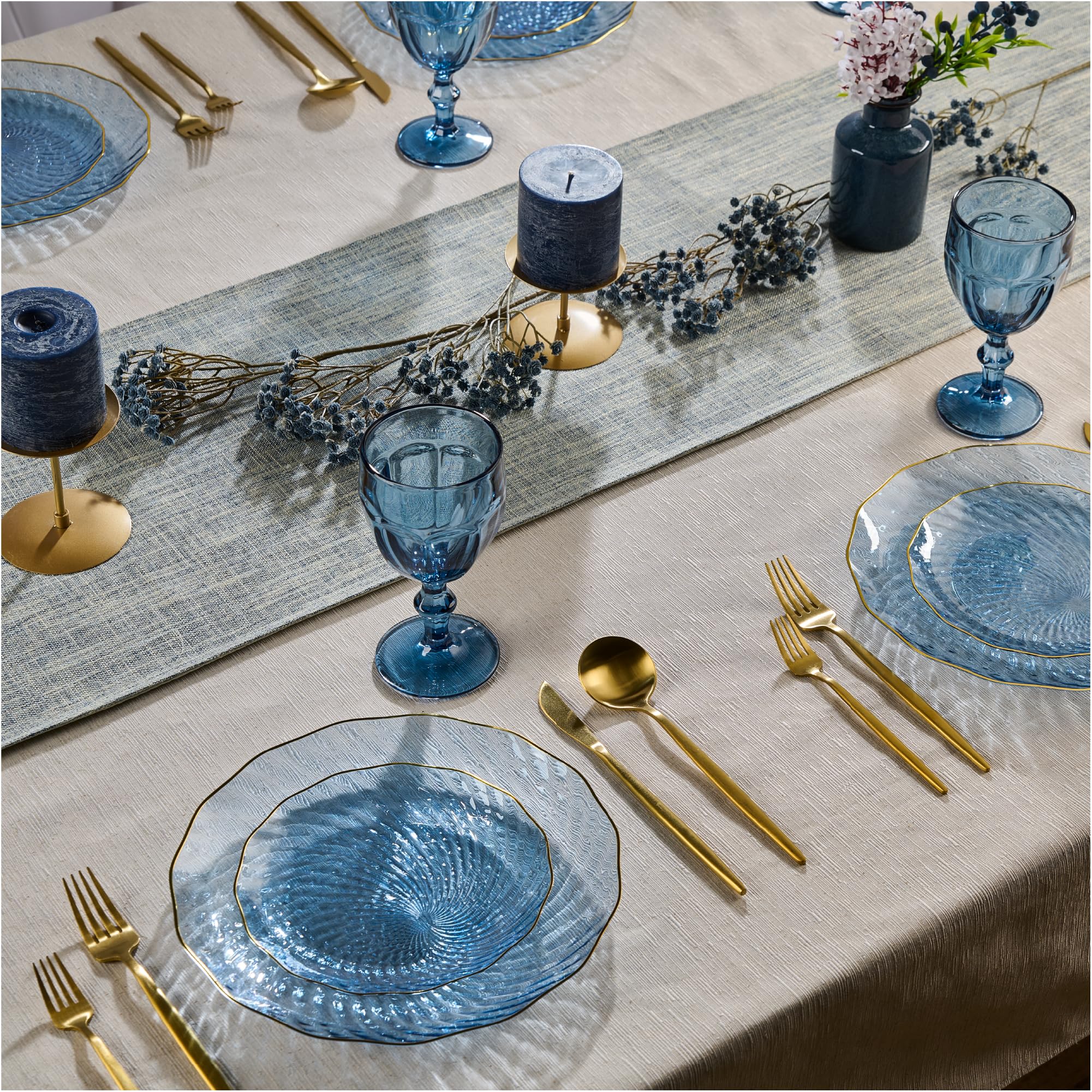 PLASTICPRO 60 Pack Plastic Plates Set of 30-10 inch Plates and 30-7 inch Plate, Elegant Clear Blue Spiral and Gold Rim Disposable Fancy Plate Premium Heavyweight