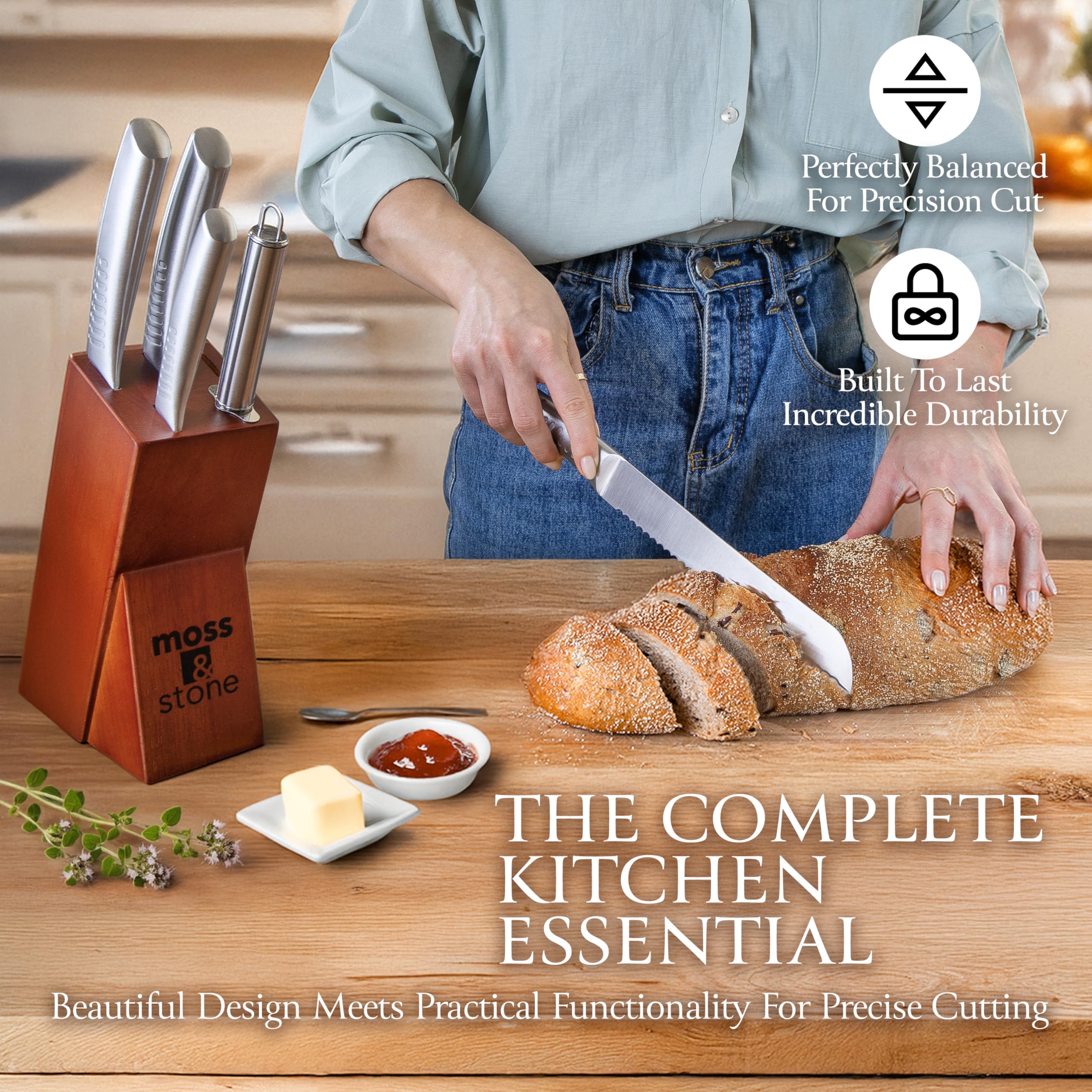 Moss & Stone Small 6 Pcs Kitchen Knife Set with Block, Stainless Steel