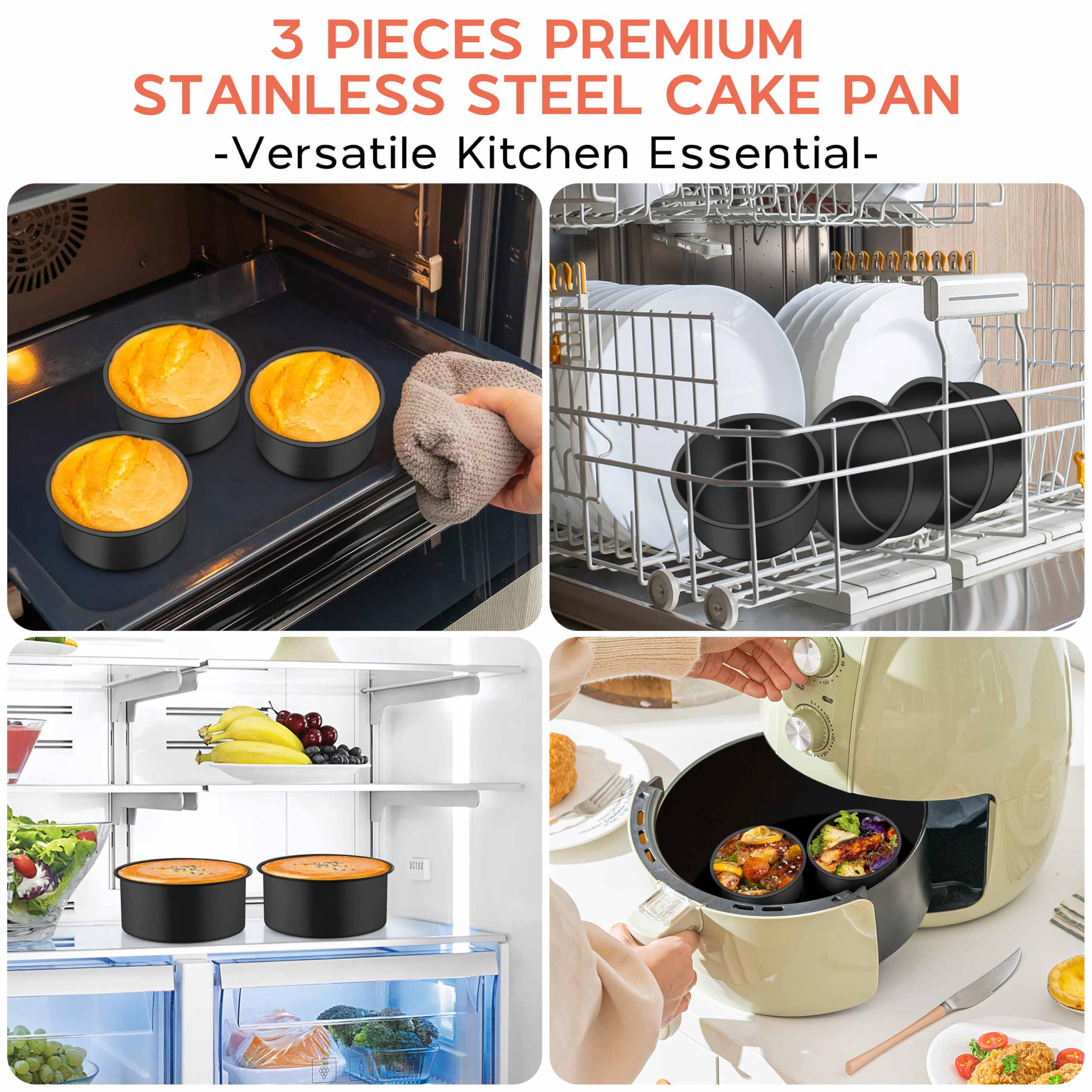 Onader Small Mini Round Cake Pan, 4 Inch Smash Cake Bake Pans Sets of 3 for Baking, Stainless Steel Baking Tins for Birthday Wedding, Nonstick