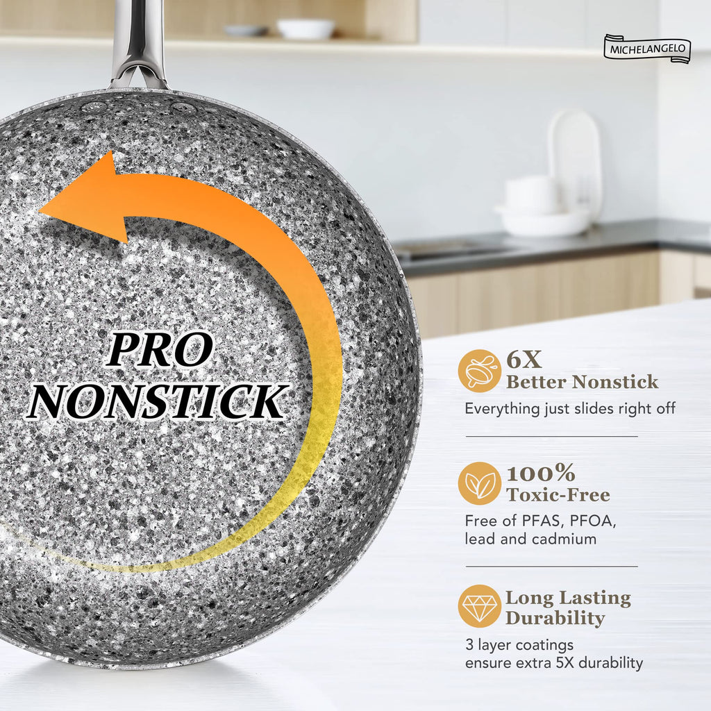 MICHELANGELO Granite Frying Pan with Lid, Nonstick 12 Inch Frying Pan with Non toxic Granite Coating, Induction Compatible