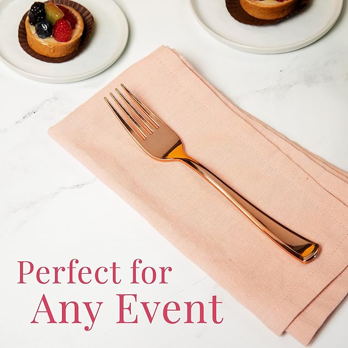 Prestee Set of 100 Rose Gold Plastic Forks Disposable - 7-in Heavy-Duty Fork Flatware - Bulk Pack Fancy Silverware - Sturdy Pink Cutlery for Weddings, Birthday Parties, Buffets, Catering and Events