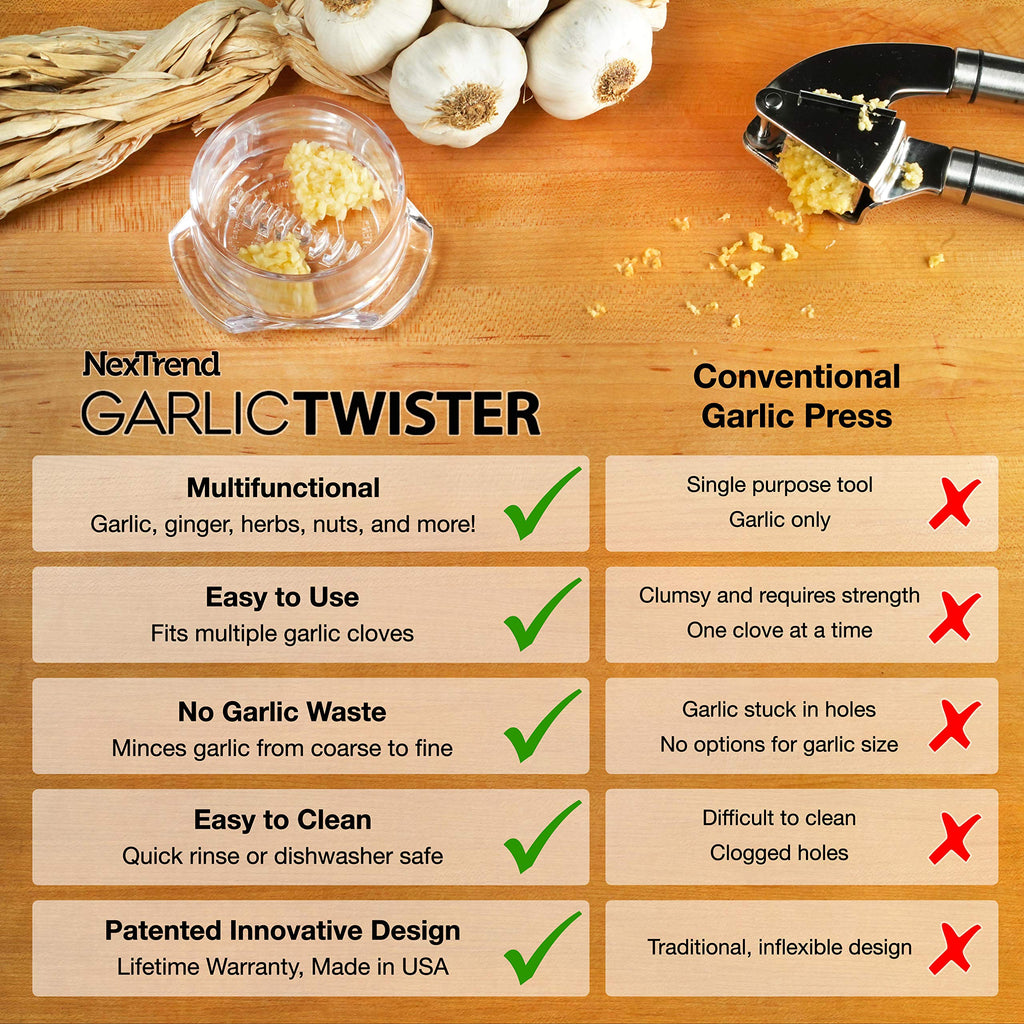 Nextrend Garlic Twister 4th Gen – Garlic Mincer & Garlic Press in One, for Ginger, Herbs, Nuts & more, BPA-Free, Dishwasher Safe, 3–5 Clove Capacity - Green