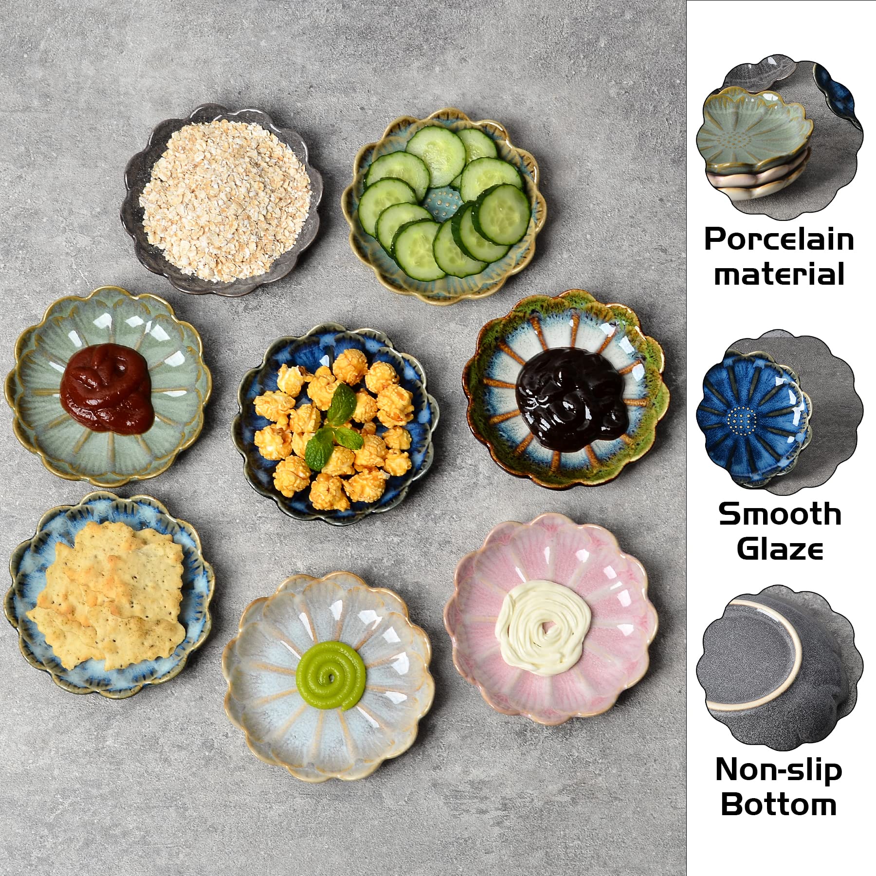 ZEBERBO Ceramic Dipping Bowls Set of 8, 3 oz Sauce Cups, Chrysanthemum Round Small Side Dish for Sushi, Tomato, Soy Sauce, Condiment Finger Bowls