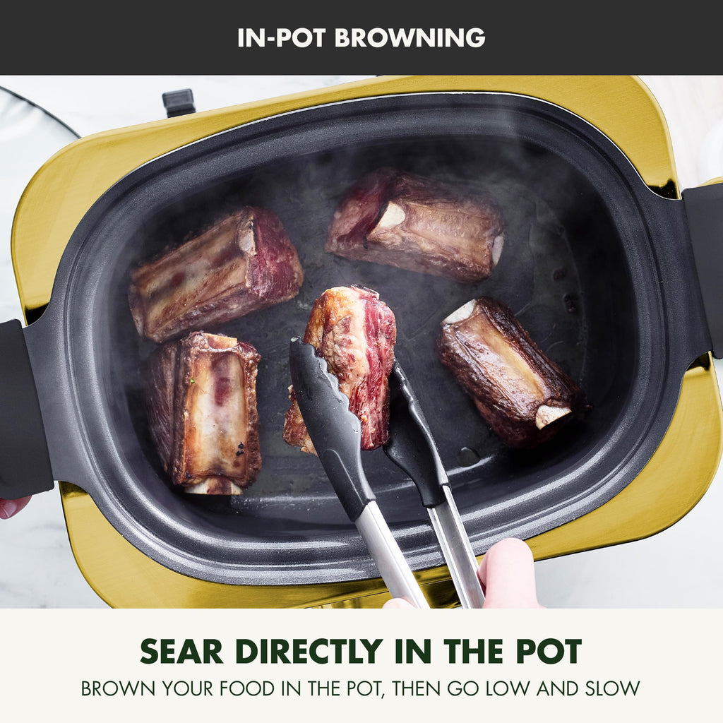 GreenPan Elite 8-in-1 Programmable 6QT Electric Slow Cooker, Dishwasher Safe Lid & Removable Crock, PFAS-Free Healthy Ceramic Nonstick Multi-Cooker, Sear, Sauté, Brown, Steam Basket, Roast, Gold