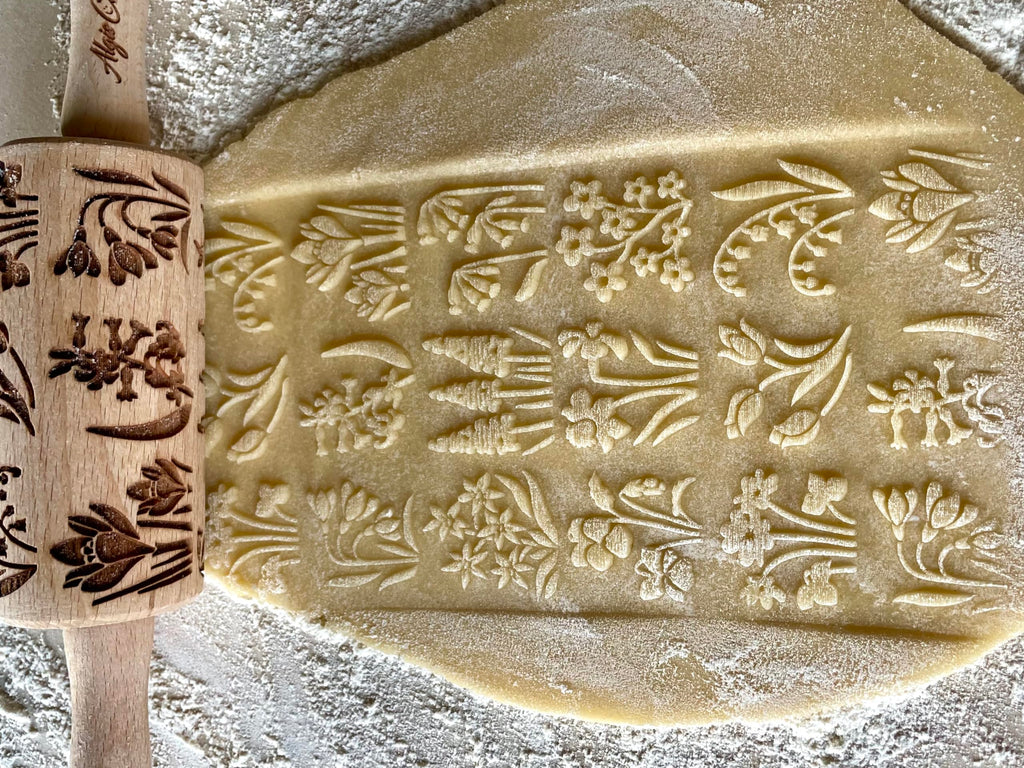 SEASONS 3 Mini Embossed Rolling Pin Set. Wooden Laser Cut Mini Rolling Pins for cookies or clay with spring flowers, tulips, daffodils, strawberries, raspberries, birch, trees by Algis Crafts